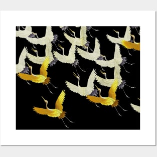 GOLD YELLOW WHITE FLYING CRANES IN BLACK Japanese Pattern Posters and Art